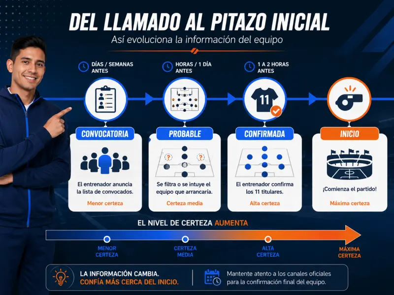 Línea temporal desde convocatoria hasta alineación confirmada antes de un partido en Perú