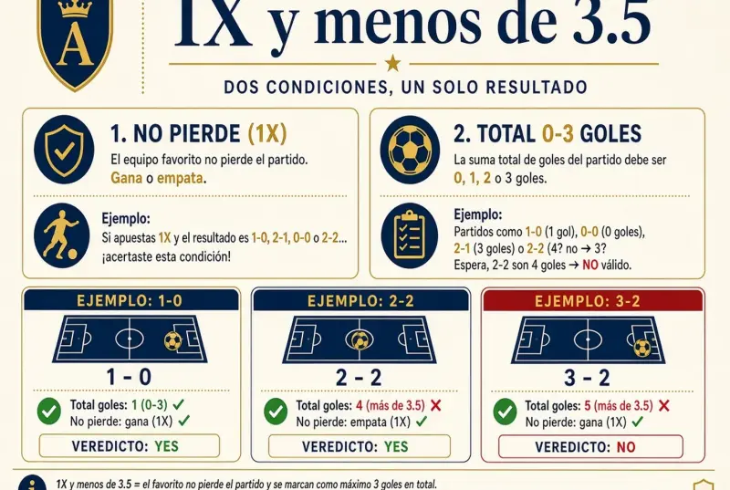 Dos condiciones: 1X y menos de 3.5 goles con ejemplos de marcador