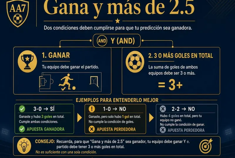 Combo AND: ganar y tres o más goles, con ejemplos 3-0 sí, 1-0 no y 2-2 no