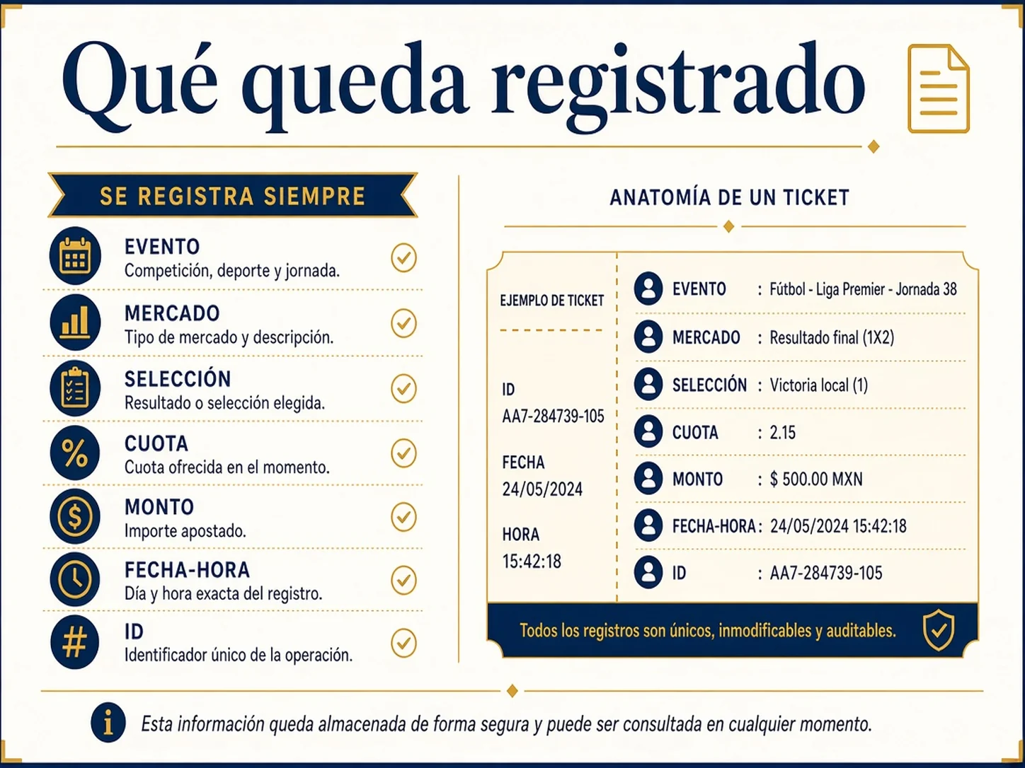 Lista de campos que quedan registrados en un boleto aceptado