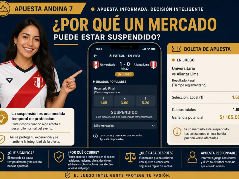 Pantalla de apuestas en vivo con un mercado marcado como suspendido junto a un boleto que aún figura abierto