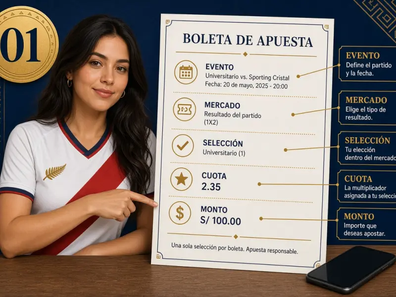 Boleto de apuestas en español con una selección simple etiquetada: evento, mercado, cuota y monto