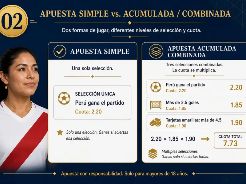 Comparación visual entre una apuesta simple de una selección y una combinada de tres selecciones