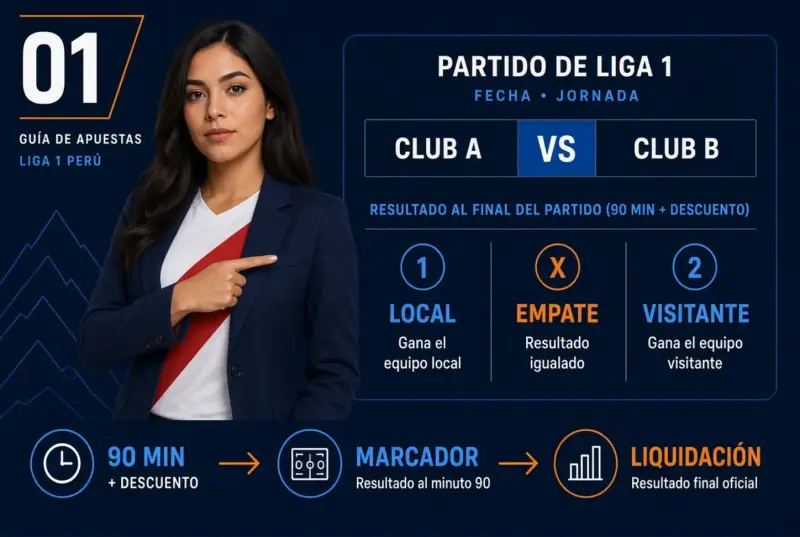 Esquema de liquidación 1X2 para un partido de Liga 1 con local empate y visitante