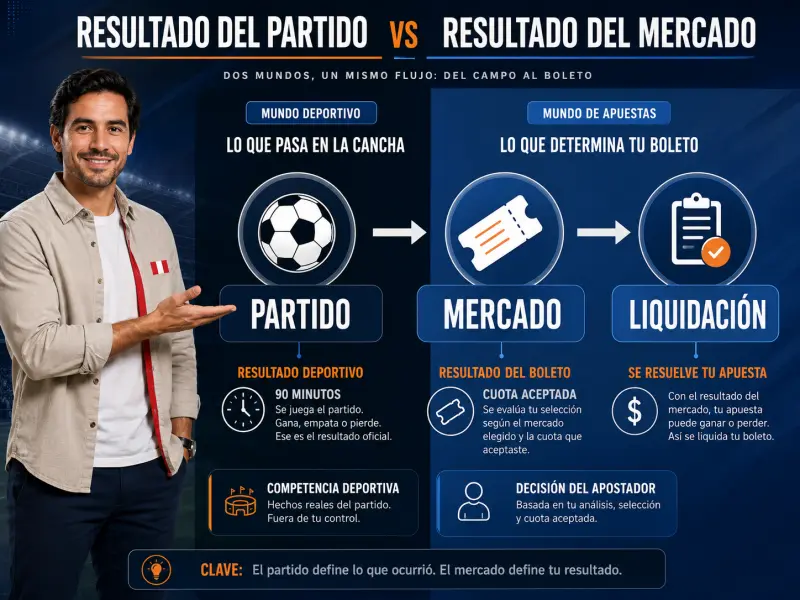 Diagrama que muestra la separación entre el resultado deportivo de un partido de Liga 1 y el resultado de un mercado de apuestas con un lector peruano revisando la información