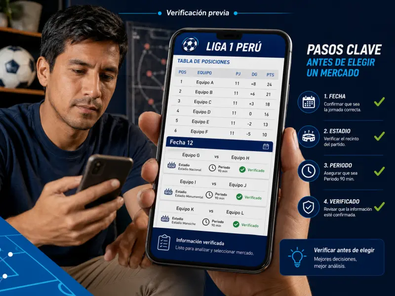 Lector peruano revisando la tabla de Liga 1 y el fixture en un dispositivo móvil antes de seleccionar un mercado
