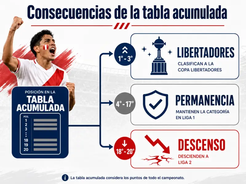Flujo que explica cómo la tabla acumulada determina clasificación internacional y descenso en Liga 1