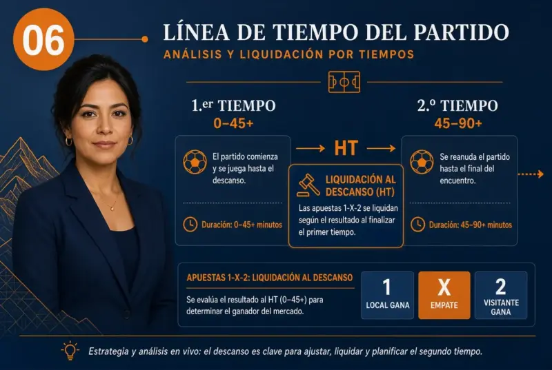 Línea de tiempo de un partido de Liga 1 que separa la liquidación HT del resultado final