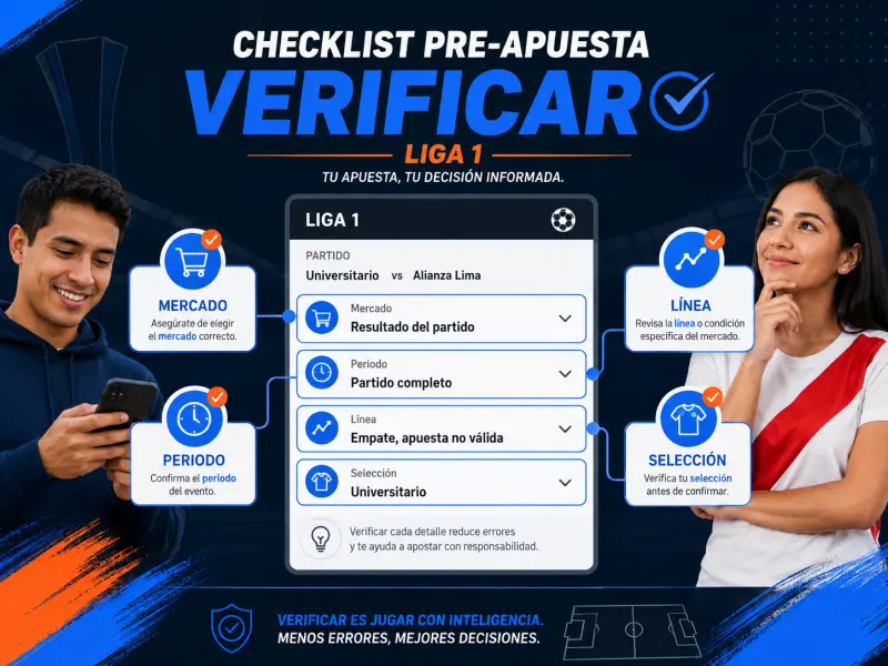 Checklist para verificar mercado periodo línea y selección antes de una apuesta de Liga 1