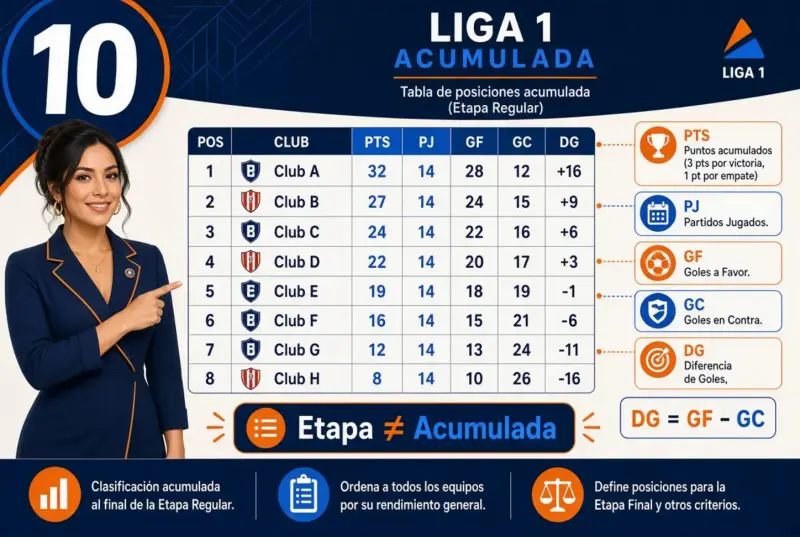 Ejemplo de tabla acumulada Liga 1 con puntos partidos jugados goles a favor en contra y diferencia