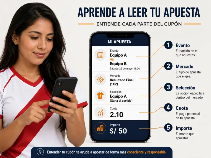 Anatomía de un boleto de apuestas con etiquetas de evento, mercado, selección y cuota
