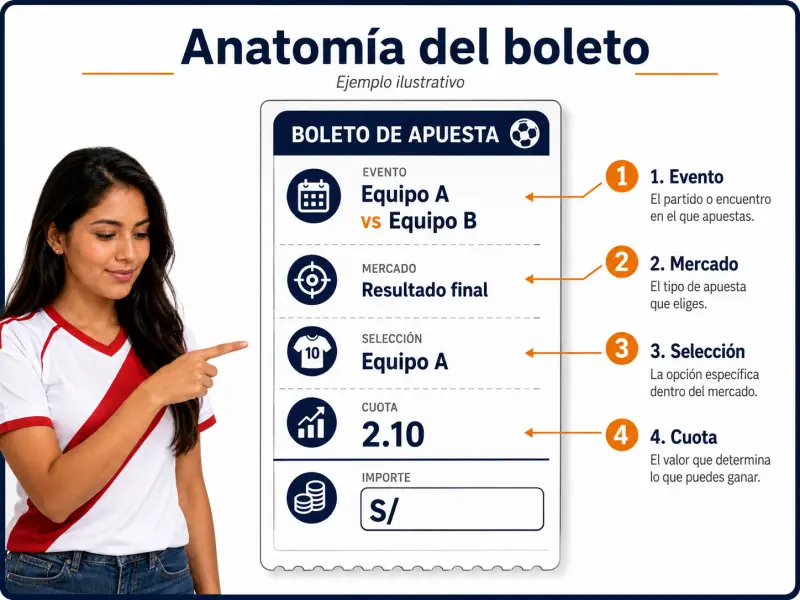 Boleto ilustrativo con flechas que señalan cada elemento del ticket