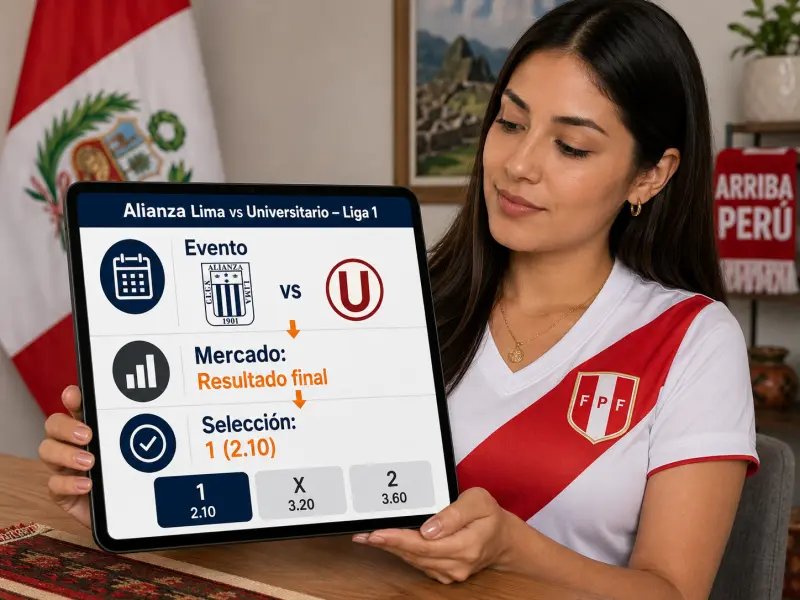 Pantalla de apuestas que muestra un partido de fútbol con el evento, los mercados disponibles y las selecciones numeradas