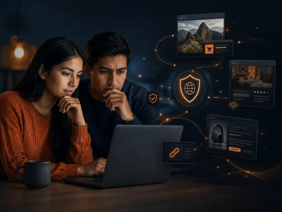 Usuario en Perú revisando información antes de acceder a un sitio web externo