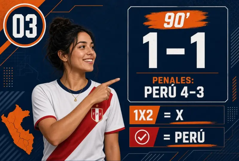 Mujer peruana mostrando un empate al minuto 90 y una victoria de Perú en tanda de penales