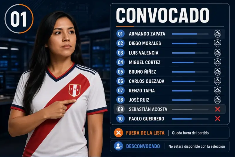 Mujer peruana explicando una lista de convocatoria en la que un jugador queda fuera del grupo