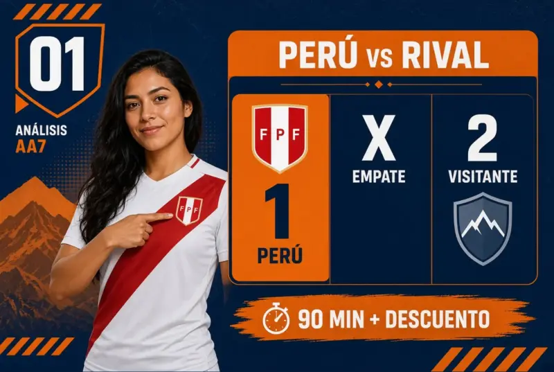Mujer peruana junto a un tablero 1 X 2 donde Perú figura como equipo local
