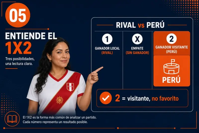 Mujer peruana explicando que Perú como visitante corresponde a la selección 2 en el mercado 1X2