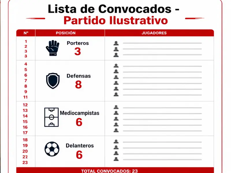 Ejemplo ilustrativo de lista de convocados de la Selección Peruana con jugadores destacados