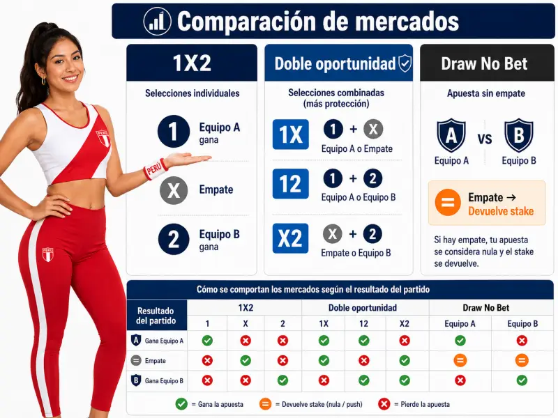 Comparación visual de las selecciones 1X2, 1X, 12, X2 y Draw No Bet en un mismo partido