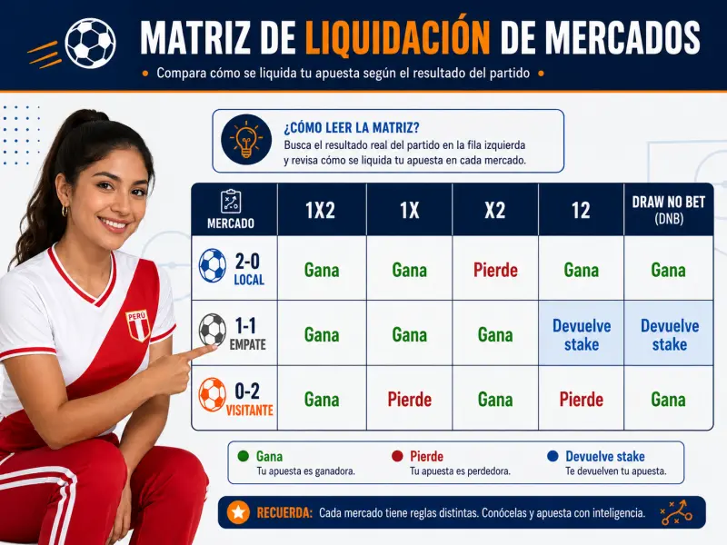 Matriz de liquidación con tres resultados deportivos y sus efectos en cada mercado