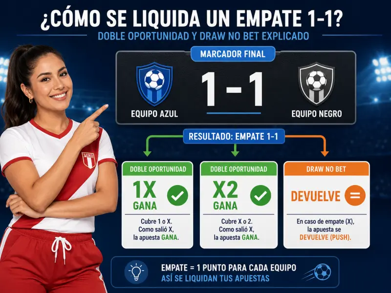 Escenario ilustrativo de liquidación con marcador 1-1 y opciones de Doble oportunidad versus Draw No Bet