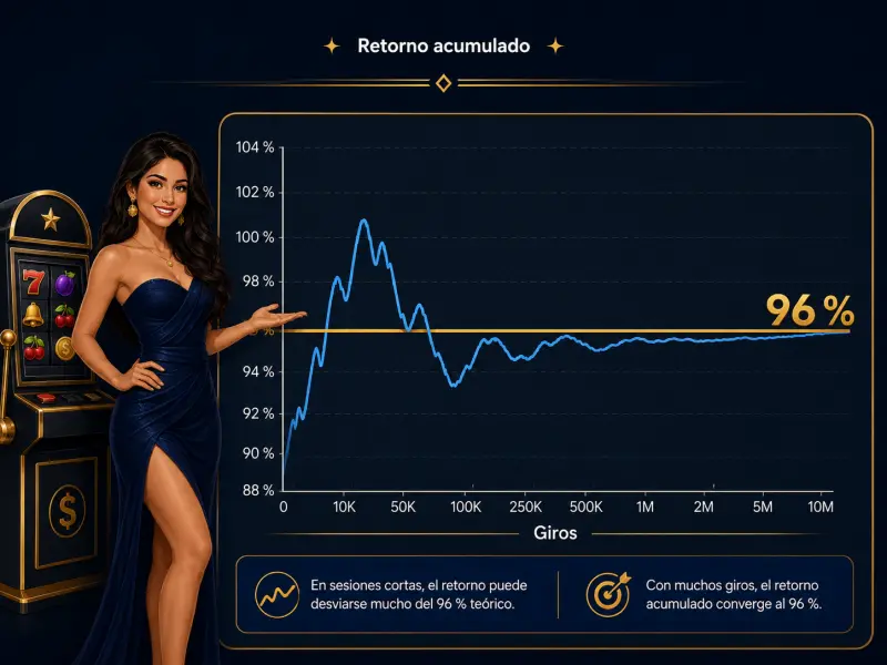Gráfico que ilustra cómo el retorno acumulado se acerca al 96 % solo después de decenas de miles de giros