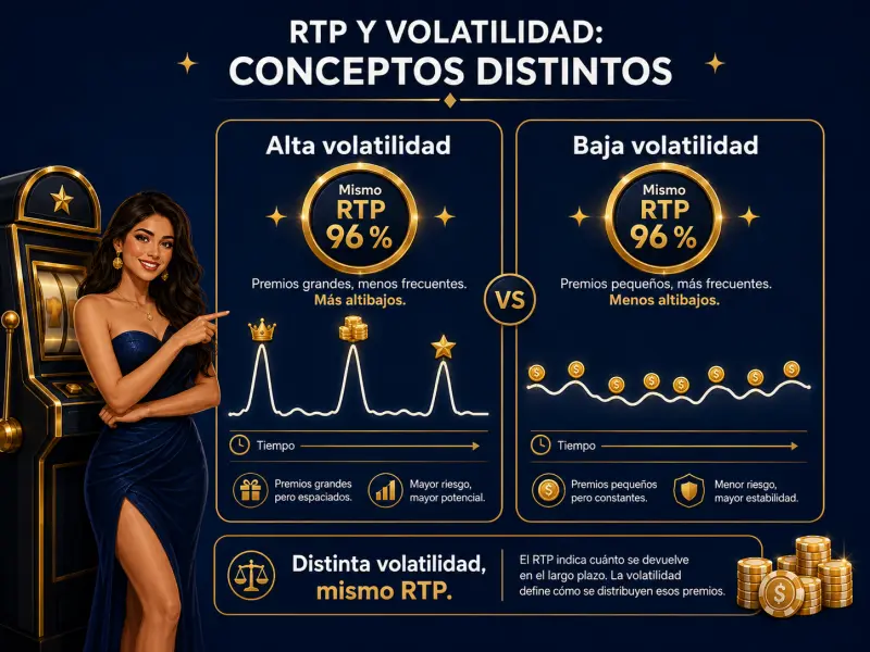 Comparación visual entre dos tragamonedas con mismo RTP pero distinta volatilidad