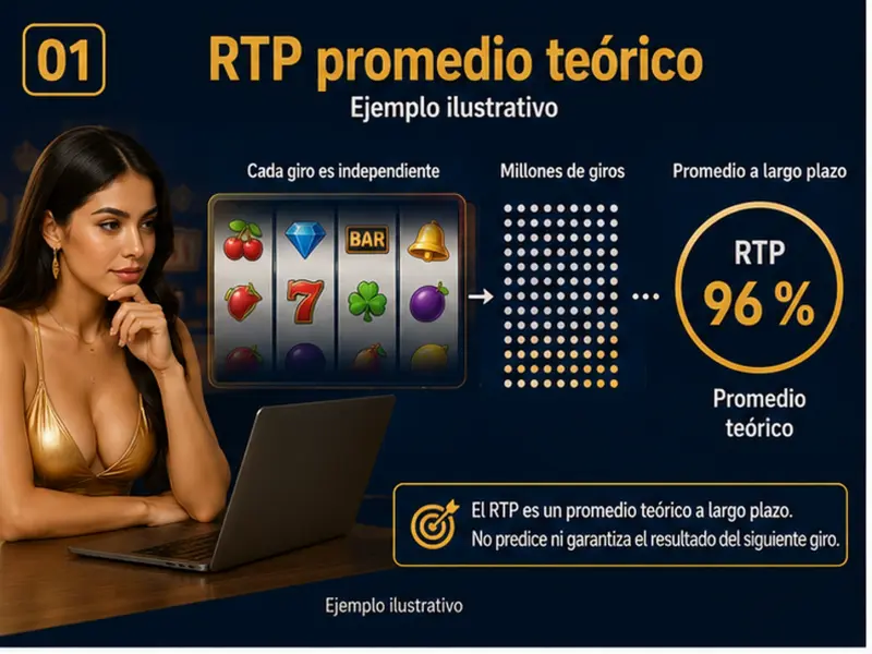 Diagrama educativo que muestra el concepto de RTP como promedio teórico a largo plazo en tragamonedas