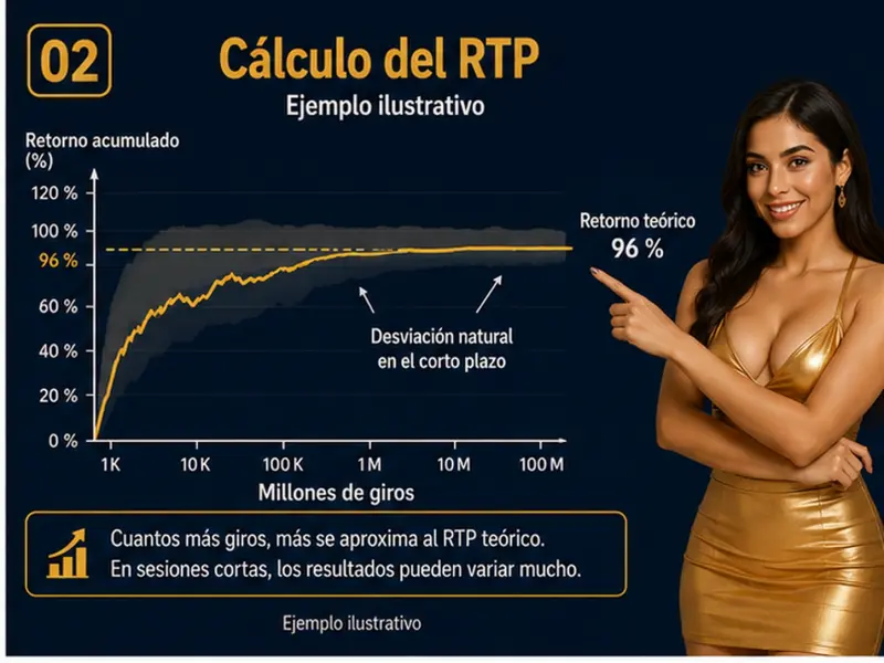 Gráfico ilustrativo que representa el cálculo del RTP como promedio sobre un gran número de giros