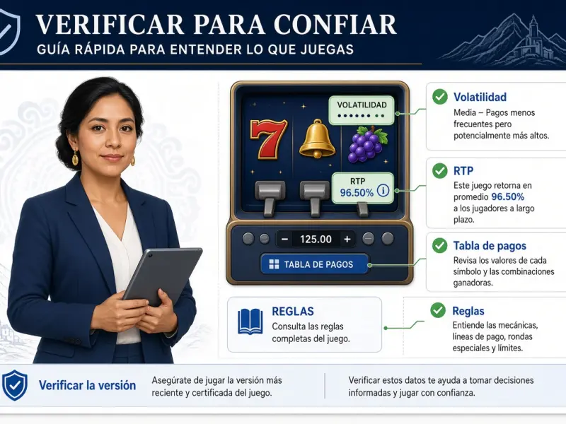 Pantalla informativa de tragamonedas con volatilidad RTP tabla de pagos y reglas señaladas para su verificación