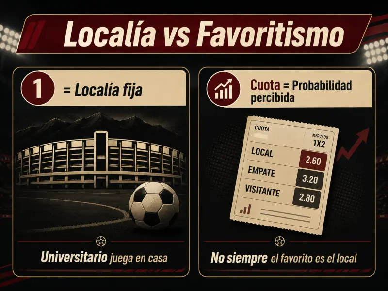 Comparación visual entre localía y favoritismo en el mercado 1X2 de Universitario