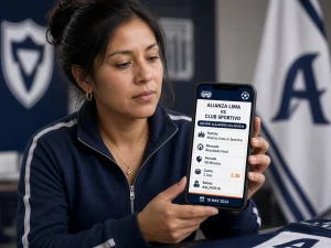 Mujer peruana revisando en su celular un mercado y boleto de un partido de Alianza Lima