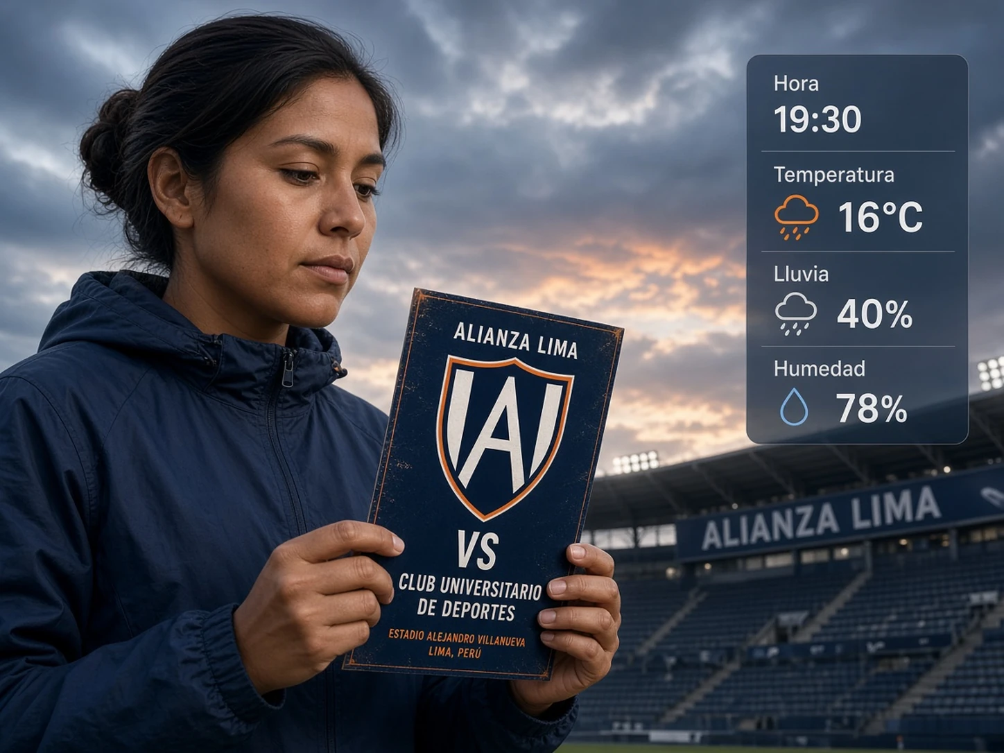 Mujer peruana revisando horario y condiciones climáticas antes de un partido de Alianza Lima