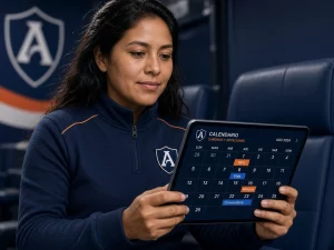 Mujer peruana revisando en una tablet el calendario, las horas de descanso y posibles rotaciones de Alianza Lima