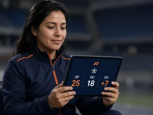 Mujer peruana calculando goles a favor, goles en contra y diferencia de gol de Alianza Lima