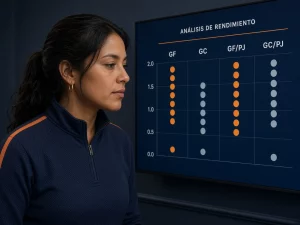 Mujer peruana comparando goles a favor, goles en contra y promedios por partido de Alianza Lima