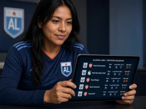 Mujer peruana revisando resultados recientes de Alianza Lima con rival, localía y marcador