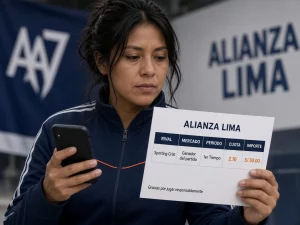 Mujer peruana revisando mercado, cuota e importe en un boleto de Alianza Lima
