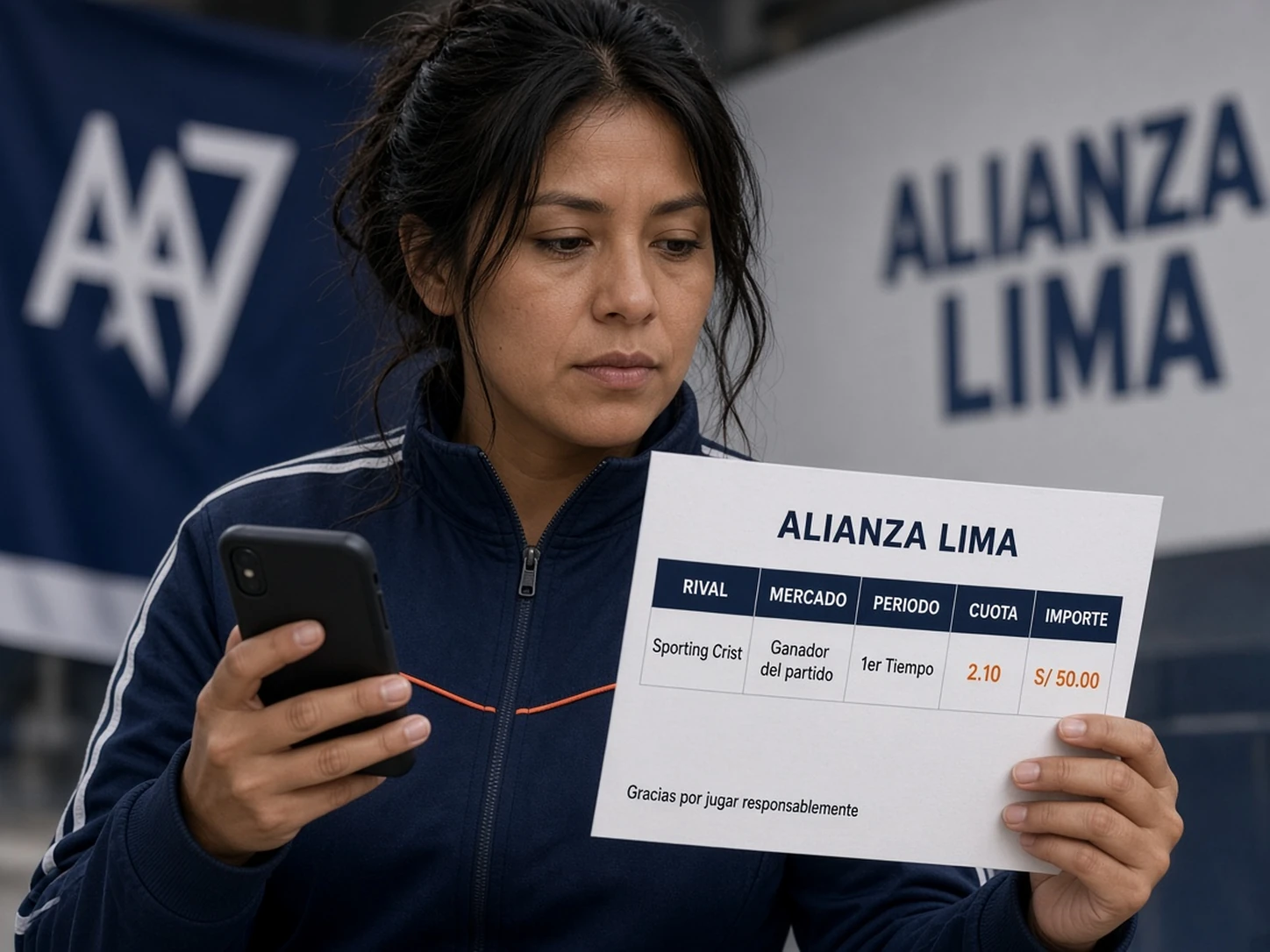 Mujer peruana revisando mercado, cuota e importe en un boleto de Alianza Lima