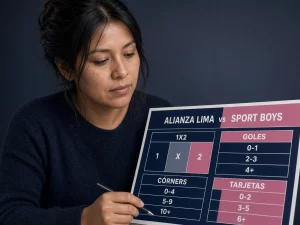 Mujer peruana revisando mercados de un partido Alianza Lima vs Sport Boys