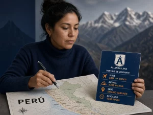 Mujer peruana analizando viaje, altura y sede de un partido de Alianza Lima como visitante