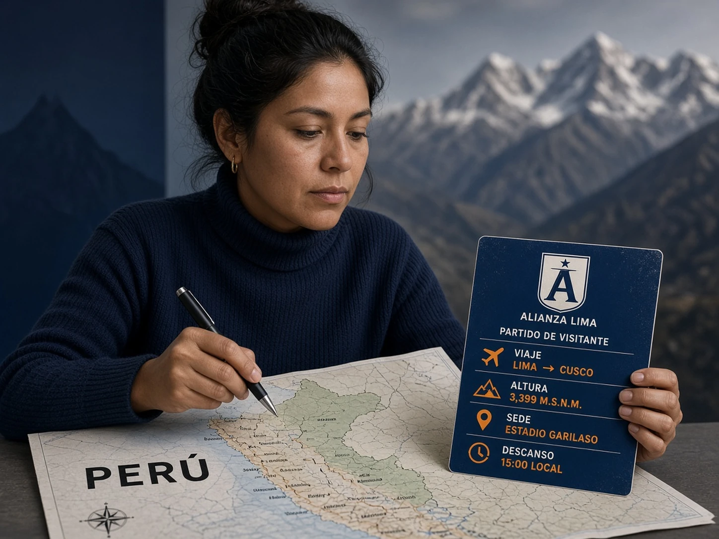 Mujer peruana analizando viaje, altura y sede de un partido de Alianza Lima como visitante