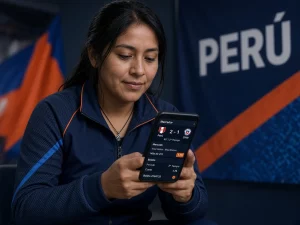 Mujer peruana revisando un marcador y un boleto de apuestas en vivo de fútbol en su celular