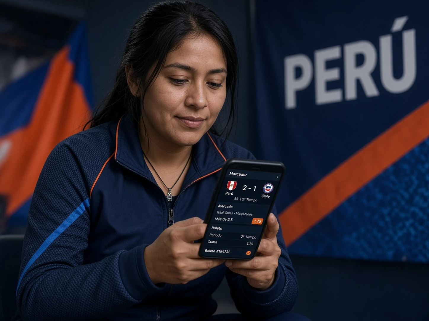Mujer peruana revisando un marcador y un boleto de apuestas en vivo de fútbol en su celular