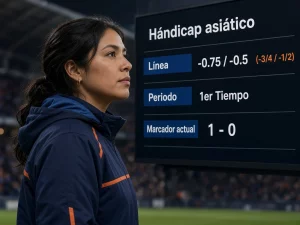 Mujer peruana comprobando la línea y el periodo de un hándicap asiático en vivo