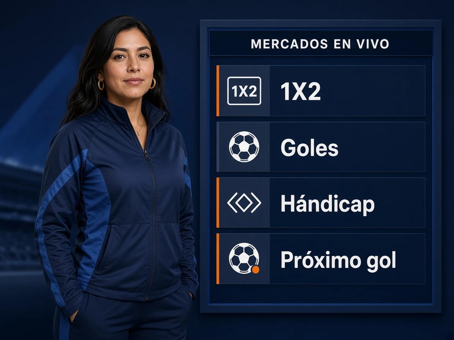 Mujer peruana explicando mercados comunes de apuestas en vivo de fútbol