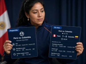 Mujer peruana comparando apuestas prepartido y apuestas en vivo de fútbol