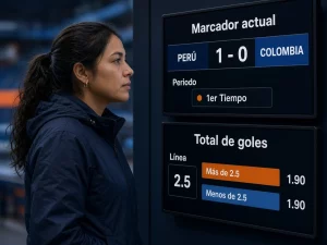 Mujer peruana analizando un mercado de total de goles en vivo con el marcador actual
