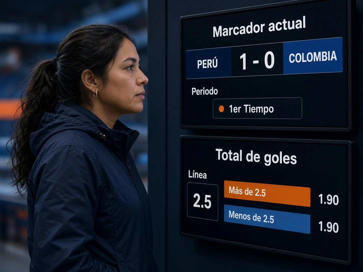 Mujer peruana analizando un mercado de total de goles en vivo con el marcador actual